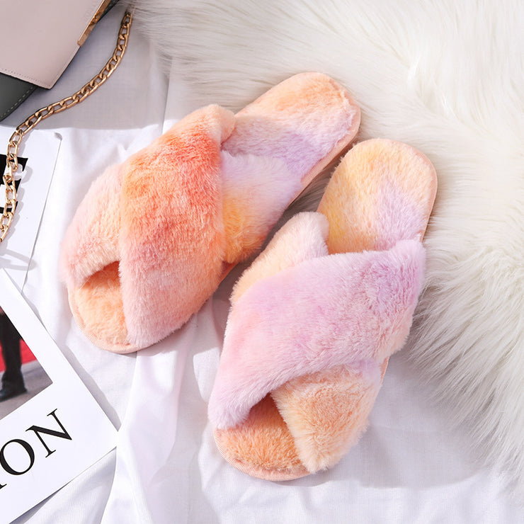 Winter Plush Slippers Women Cross Hair Outer Wear