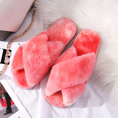 Winter Plush Slippers Women Cross Hair Outer Wear