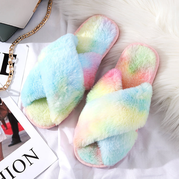 Winter Plush Slippers Women Cross Hair Outer Wear