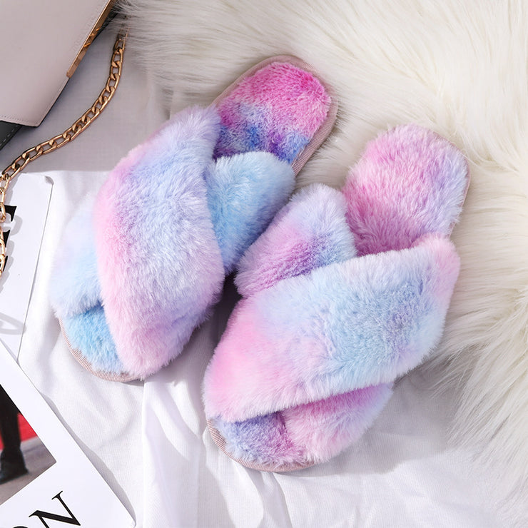 Winter Plush Slippers Women Cross Hair Outer Wear