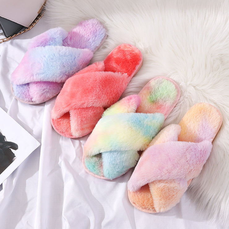 Winter Plush Slippers Women Cross Hair Outer Wear