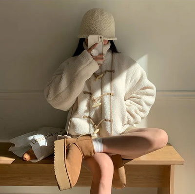Horn Button Furry Coat Women's Winter Wear Fashion